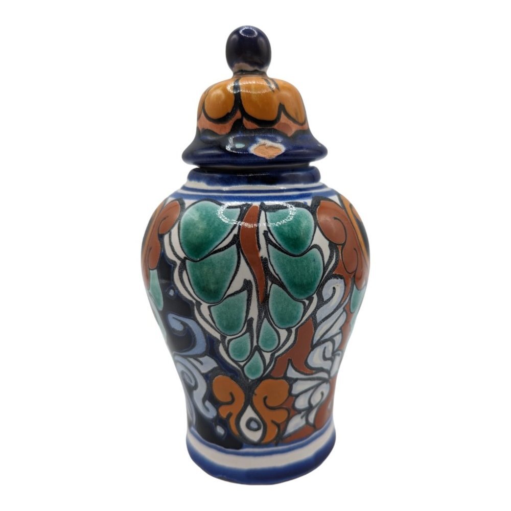 Talavera Pottery Medium Ginger Jar W Lid blue yellow 8.75" hand painted Mexico